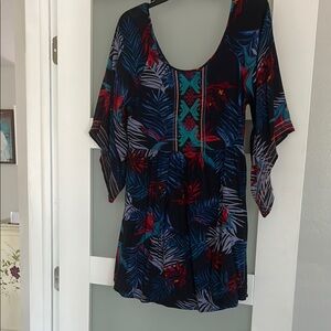 Tropical Print Dress with Red and Blue Accents